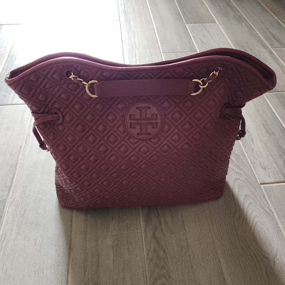 Tory Burch Marion Slouchy Quilted Burgundy Leather Shoulder Bag